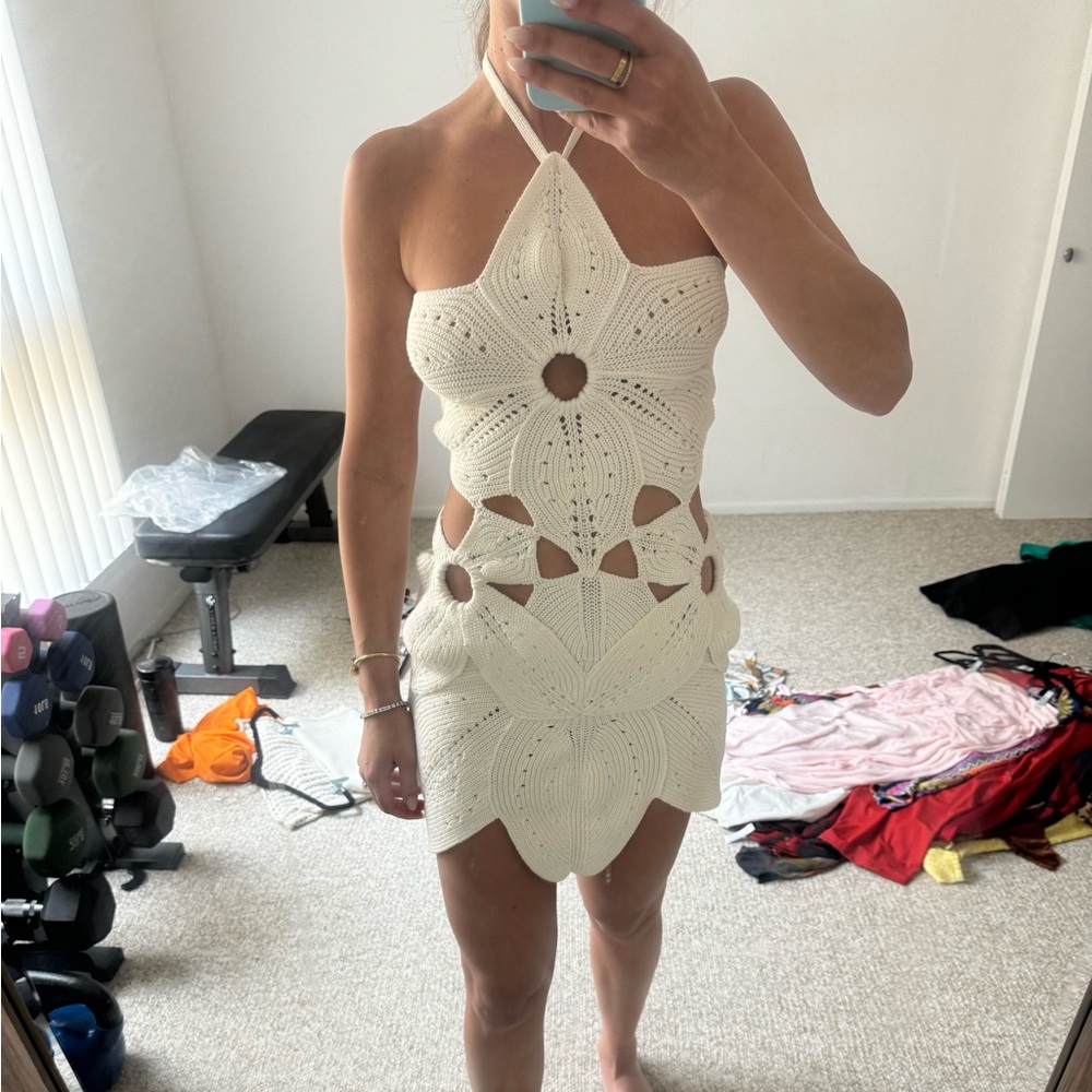 Cult Gaia Floreana Hand Crochet Knit Cutout Mini Dress Off White